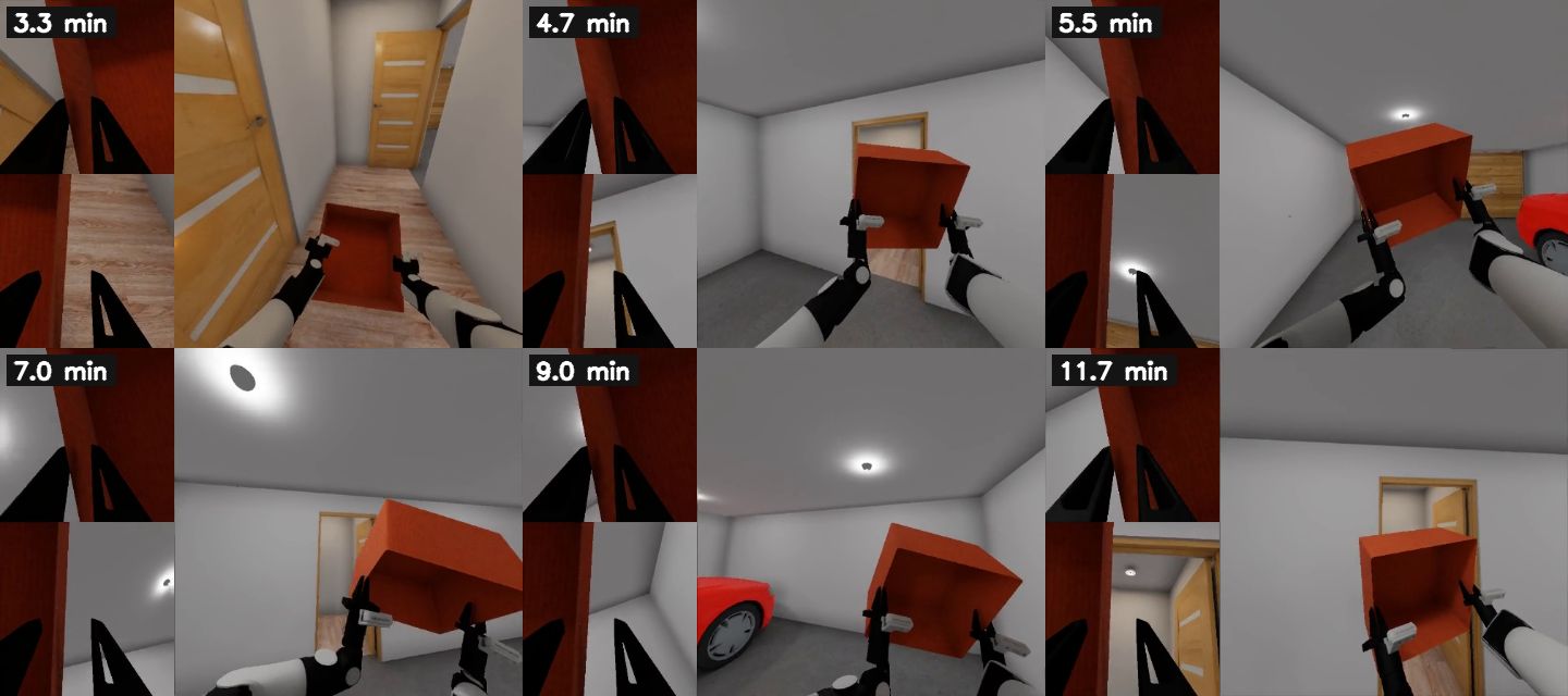 Six frames of moving_boxes_to_storage instance 307. From 4.7 minutes the robot carries the box tilted up.