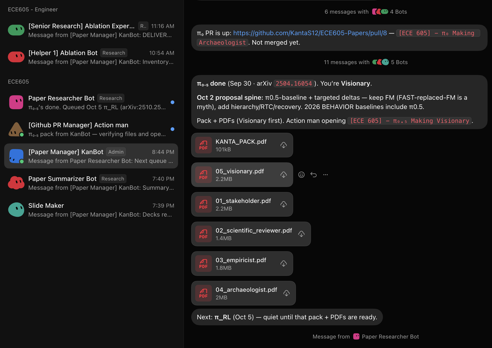 The bot workspace: a sidebar of seven bots, and the Paper Manager posting a completed paper pack with PDFs and a pull request link.